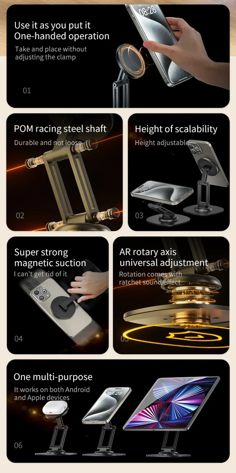 360-Grad-Drehung, Aluminiumlegierung, faltbar, magnetisch, Desktop-Telefonständer, Schreibtisch, fauler Halter für Magsafe iPhone 16, 15, 14, 13, 12 Pro Max – Detail 7