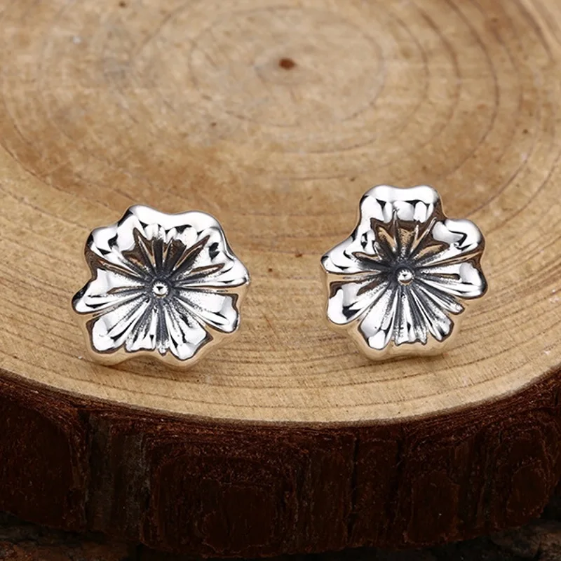 

Real Solid 925 Sterling Silver Stud Women Gift Lucky Retro Lotus Leaf Flower Earrings