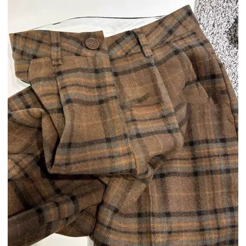 ارتفاع الخصر سميكة الصوفية منقوشة واسعة الساق السراويل النسائية أزياء التخسيس السراويل مستقيم قطع السراويل الطويلة من التخليص