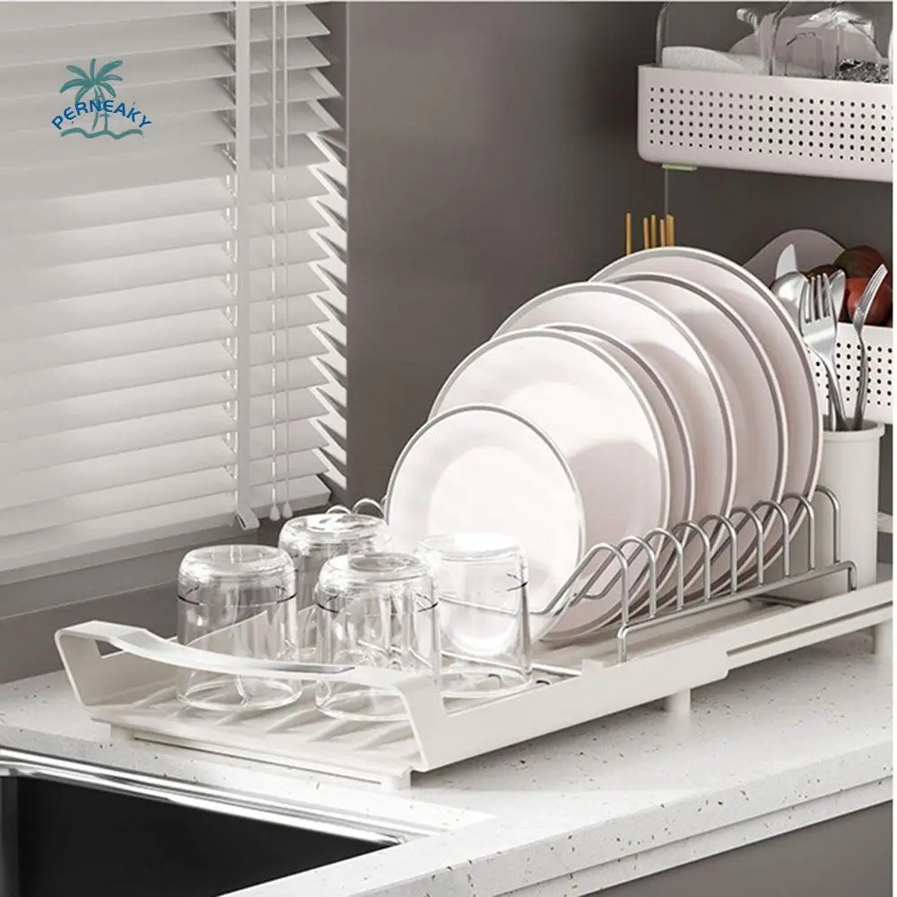 

Extendable Dish Drying Rack Space Saving Hollow Design Utensil Storage Holder Large Capacity Dinnerware Organizer Dish Drainer