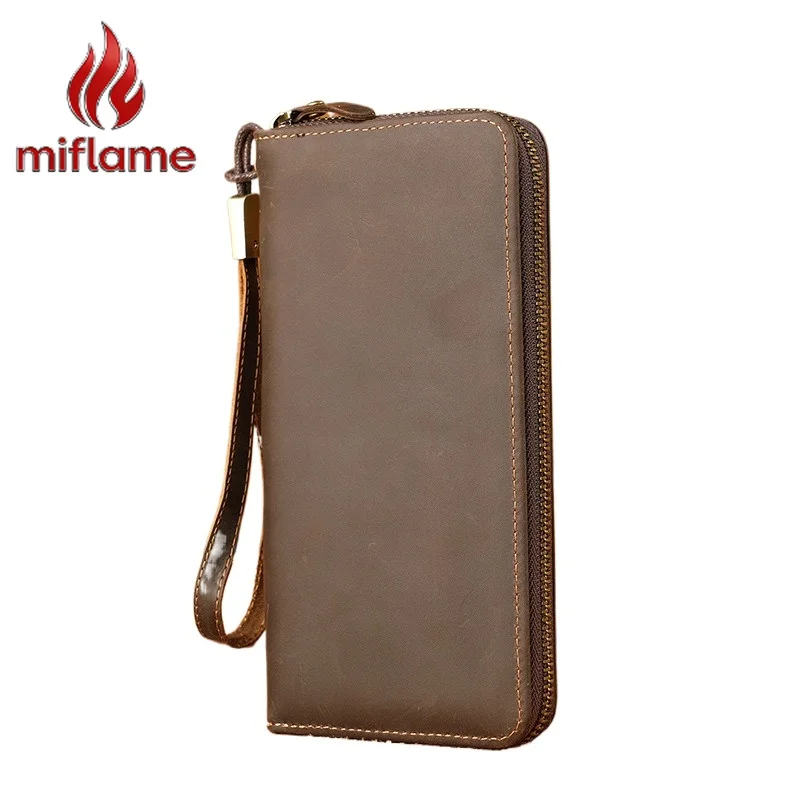 

Men's Long Wallet Crazy Horse Genuine Leather Vintage Zipper Large Capacity Business Clutch Phone Holder