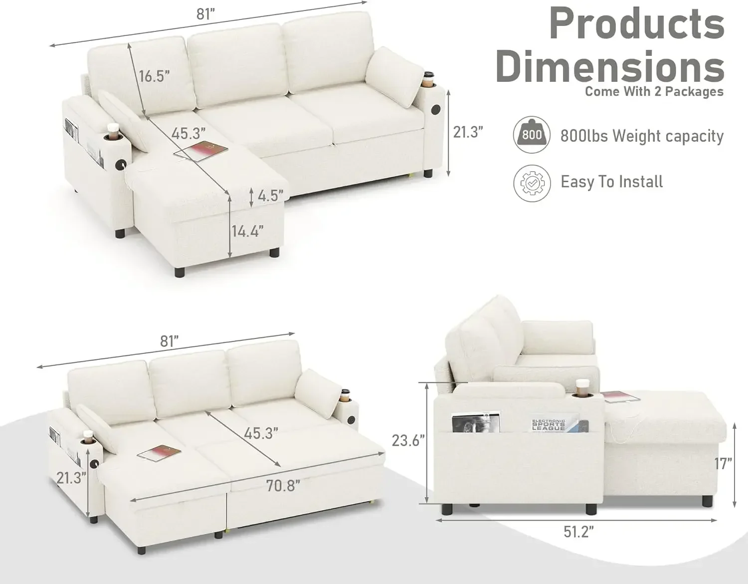 Sofa Bed Sleeper Pull Out 2 in 1 Sectional Sleeper Sofa Couches with Storage,USB, Cup Holder,Pullout Sectional Couches for Apart