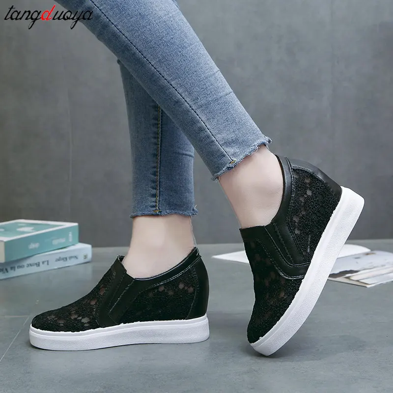 Women Wedge Platform Sneakers Fashion Summer White Casual Shoes women Cutouts Lace Canvas Hollow Breathable Loafers Shoes