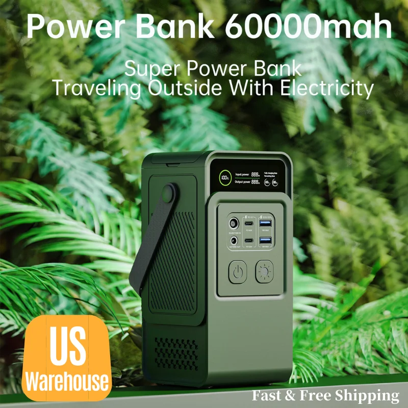 

60000mAh Solar Power Bank 192Wh 200W Portable Charger LED Emergency Light 6 Ports Fast Charge Outdoor Camping 1.75kg Lightweight