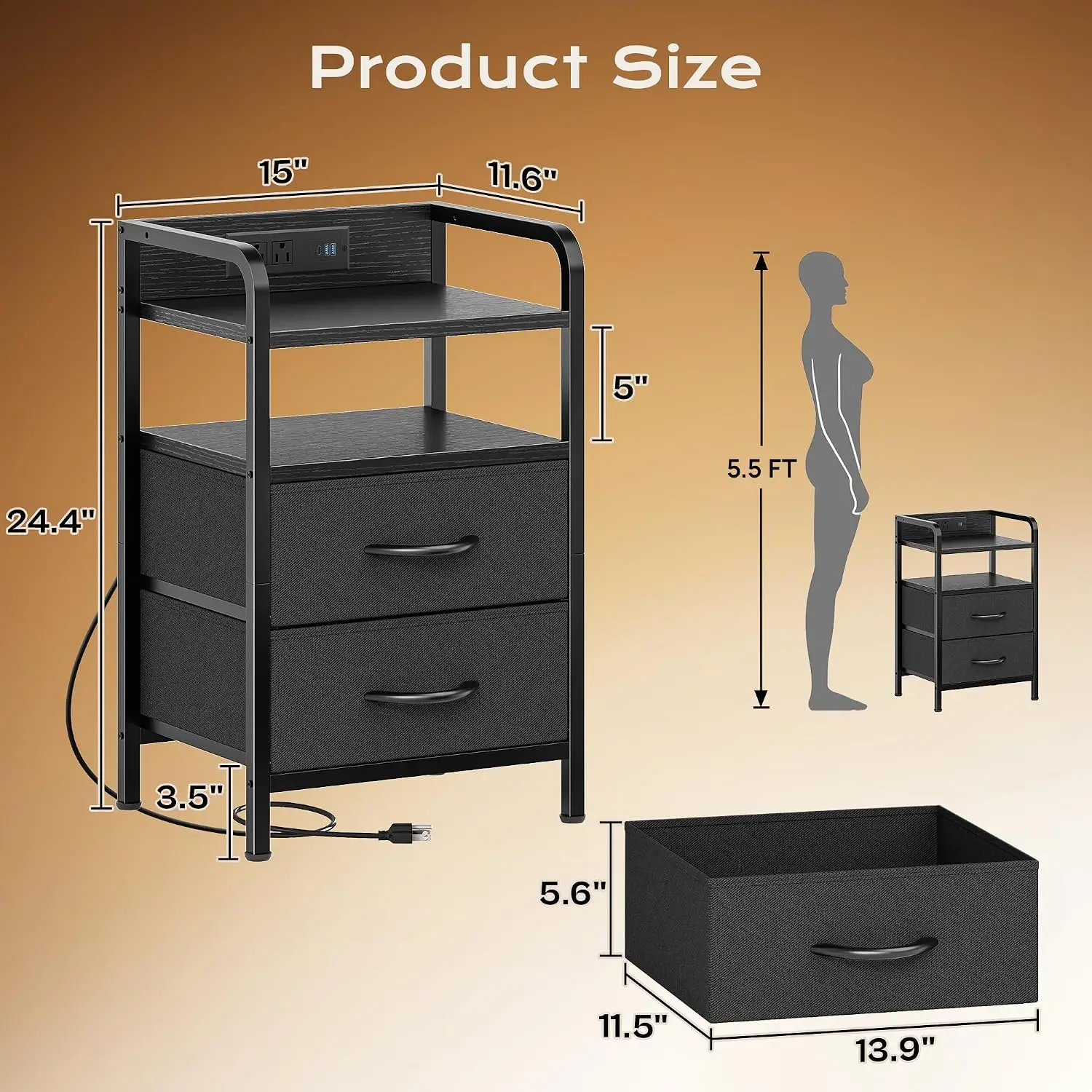 Set of 2 Nightstands with LED Lights and Charging Station, Two Night Stands