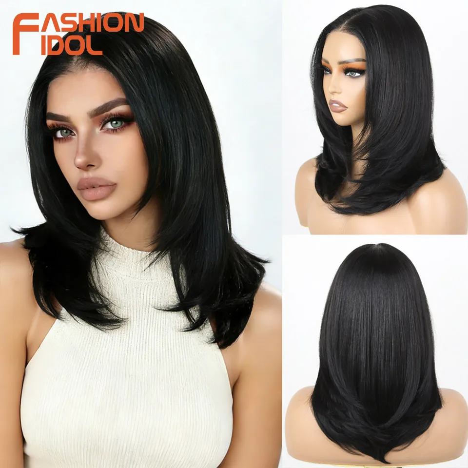 FASHION IDOL 16 Inch 13x3 Lace Front Wigs Synthetic Straight Hair Layered Ombre Brown Free Part Pre-Plucked Bob Wigs for Women image 5