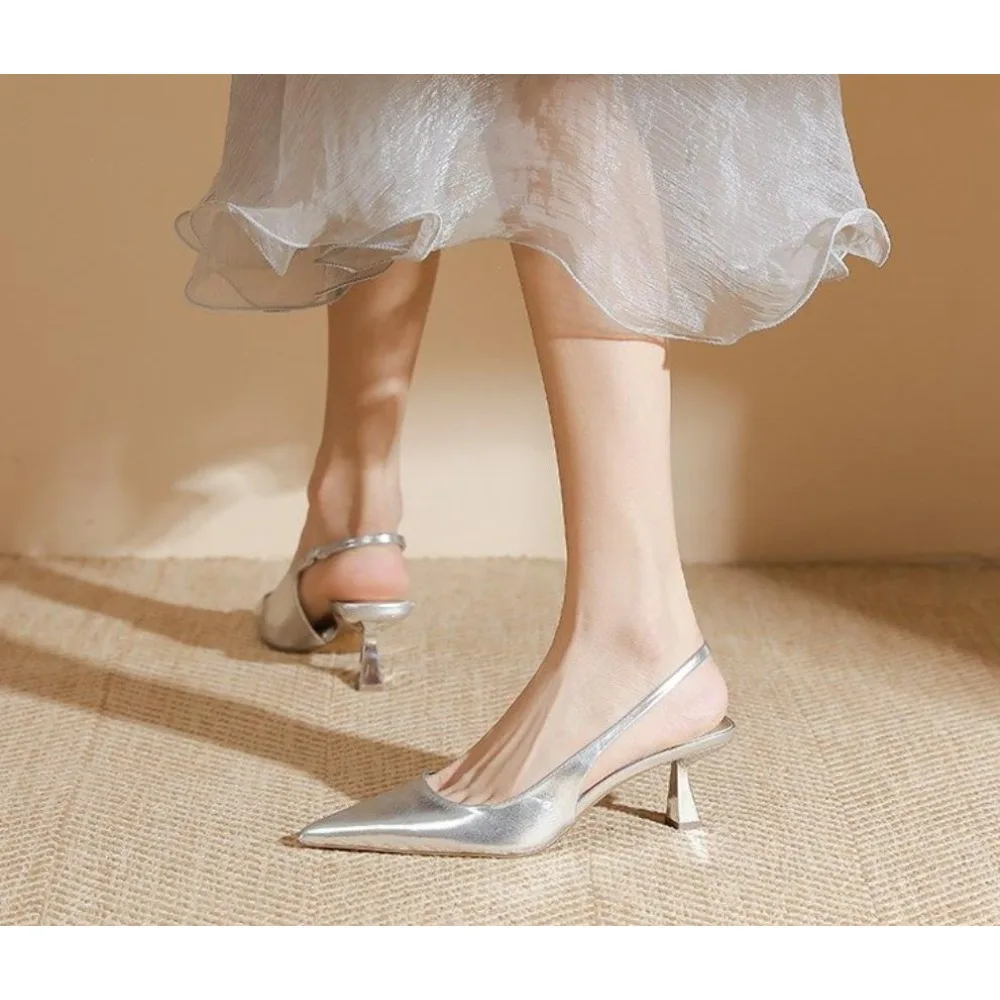 

2025 Elegant Low Heeled Sandals Women Kitten Heels Spring Summer Silver Pumps Pointed Toe Wedding Office Ladies Shoes Slingback