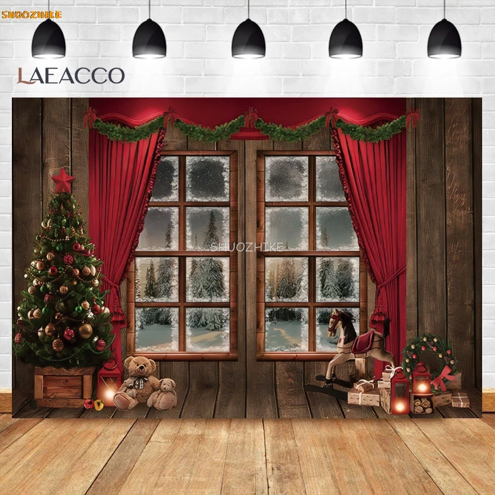 Winter Christmas Photography Backdrop Window Toy Bear Christmas Tree Kid Family Portrait Wood Floor Festival Party Backgrounds