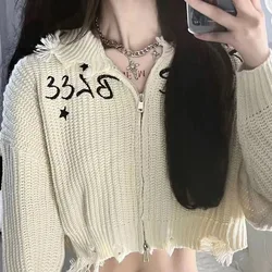 Deeptown Harajuku Cropped Sweater Women Vintage Streetwear Female Knit Cardigan Korean Fashion Hooded Knitwear Zipper Crop Top