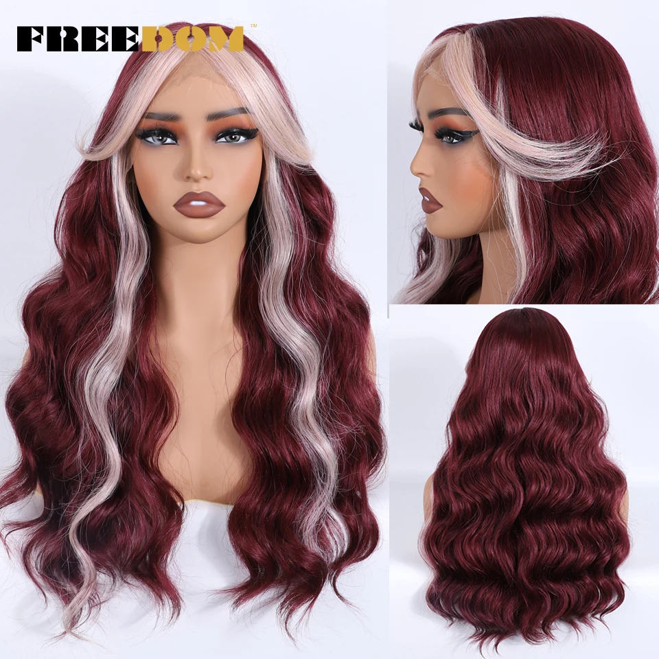 Synthetic Body Wave Lace Front Wigs For Women 22 inch Ombre Brown Ginger Burgundy White Lace Wig With Bangs Cosplay Wigs