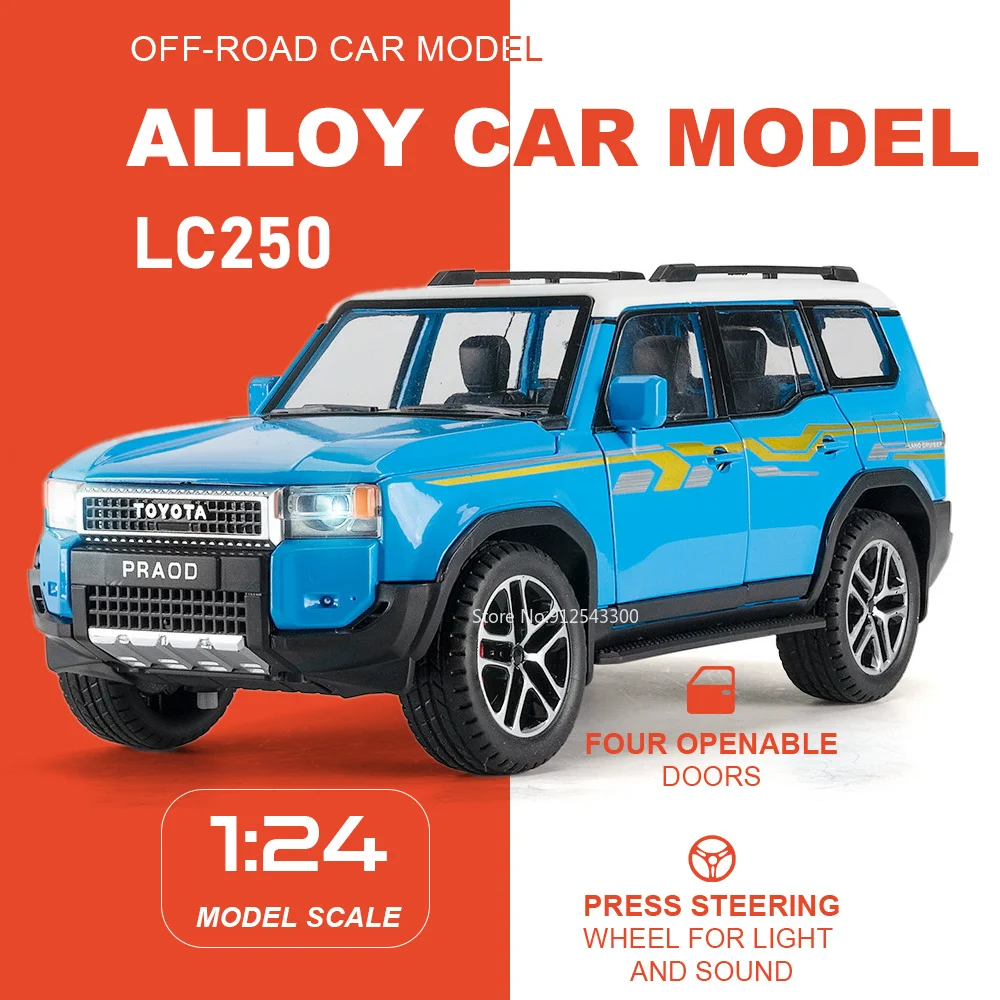 1:24 Prado LC250 Land Cruiser‌ LC80 Car Model Toy Doors Opened Sound Light Models Pull Back Shock Absorption Vehicle for Child