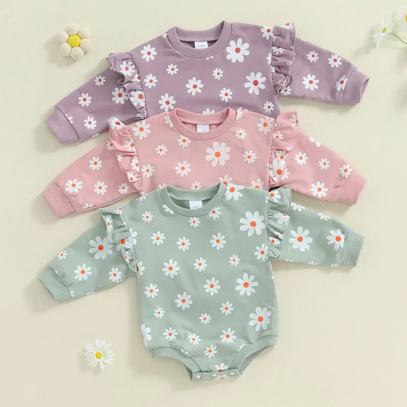 Newborn Baby Girl Sweatshirt Bodysuit Spring Autumn Clothes Flower Round Neck Long Sleeve Bubble Jumpsuit Baby Clothing