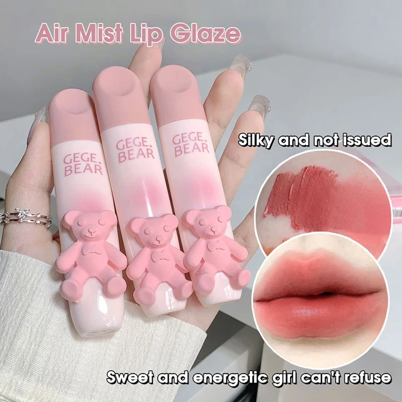 Cute Little Bear Lip Glaze Mist Face Matte Velvet Lipstick Holding Makeup Whitening Lip Cream Coloring Lip Color