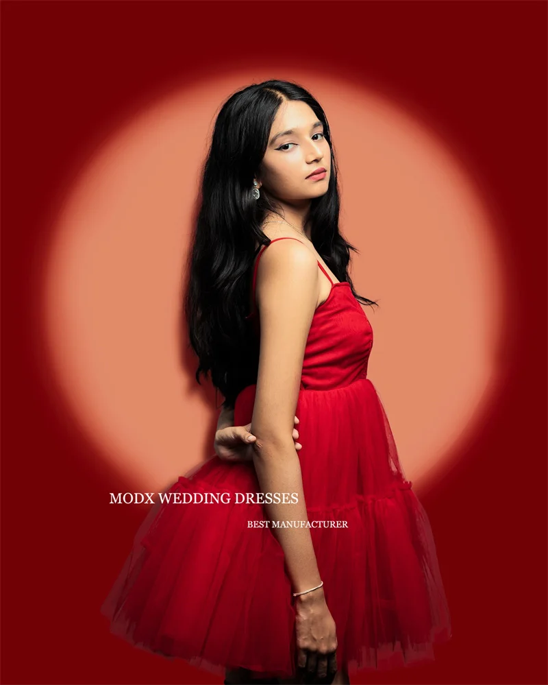 MODX Red Short Prom Party Dress Spaghetti Straps Tulle Birthday Formal Evening Gowns Cocktail Dress Lady Plus Size