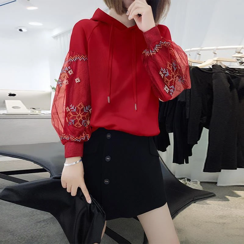 Autumn Winter Korean Fashion Women\'s Red Mesh Embroidered Loose Fleece Pullover Hoodie Long Sleeve Top Female Hooded Sweatshirt