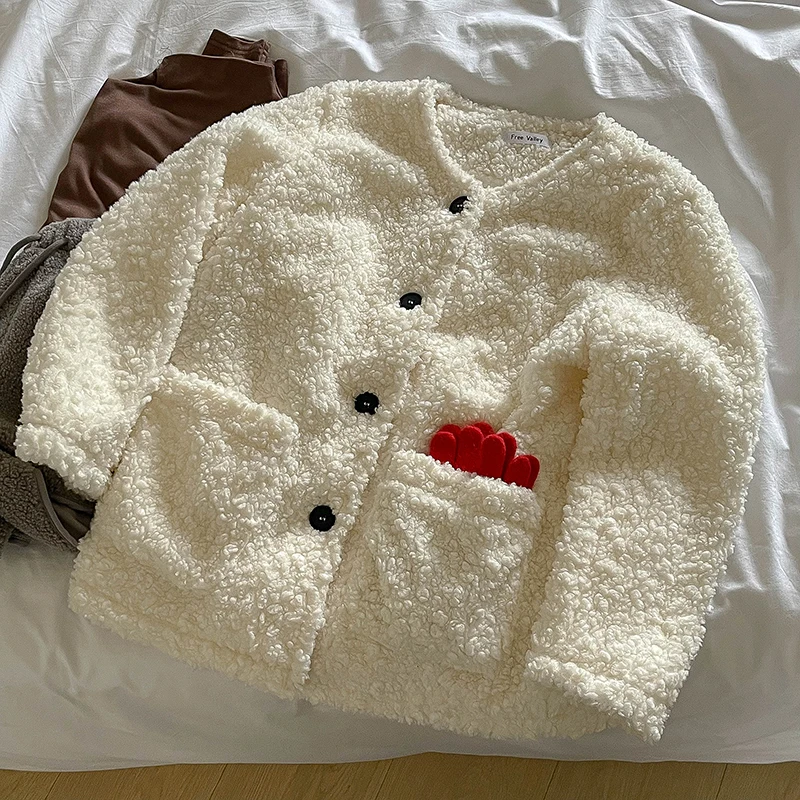 

New Solid Color Single Breasted Plush Coat for Women Korean Style Round Neck Loose Thicken Outerwear Chic Pockets Warm Jackets