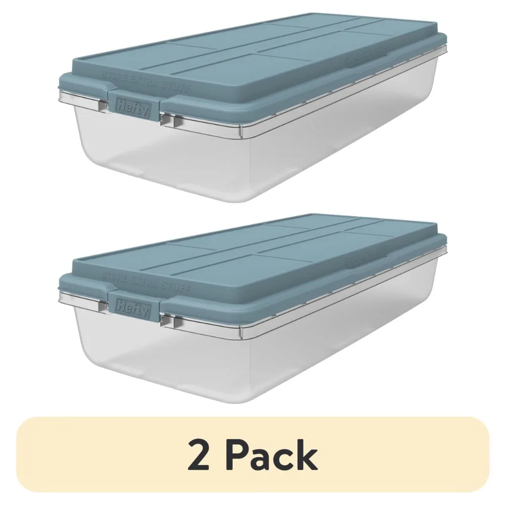 (2 pack) Hefty, 63 Quart Clear Storage Bin, Latched Storage Container, with Smoke Blue HI-RISE Lid