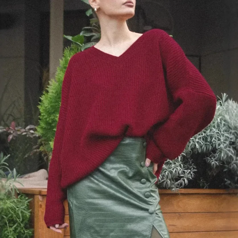 

Spring Autumn V-Neck LongSleeved Pullover Casual Loose Tops Female WinterClothes Solid Women's Knitted Sweater