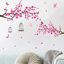 Pink Peach Tree Branches Bird Cage Living Room Porch Background Decorative Wall Stickers Self-adhesive Wholesale Wall Decoration