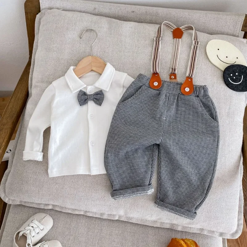 

Children's Fashion Strap Pants 0-5 Year Old Autumn Boys Gentlemen Tie Shirt Suit Baby British Style Clothes Set