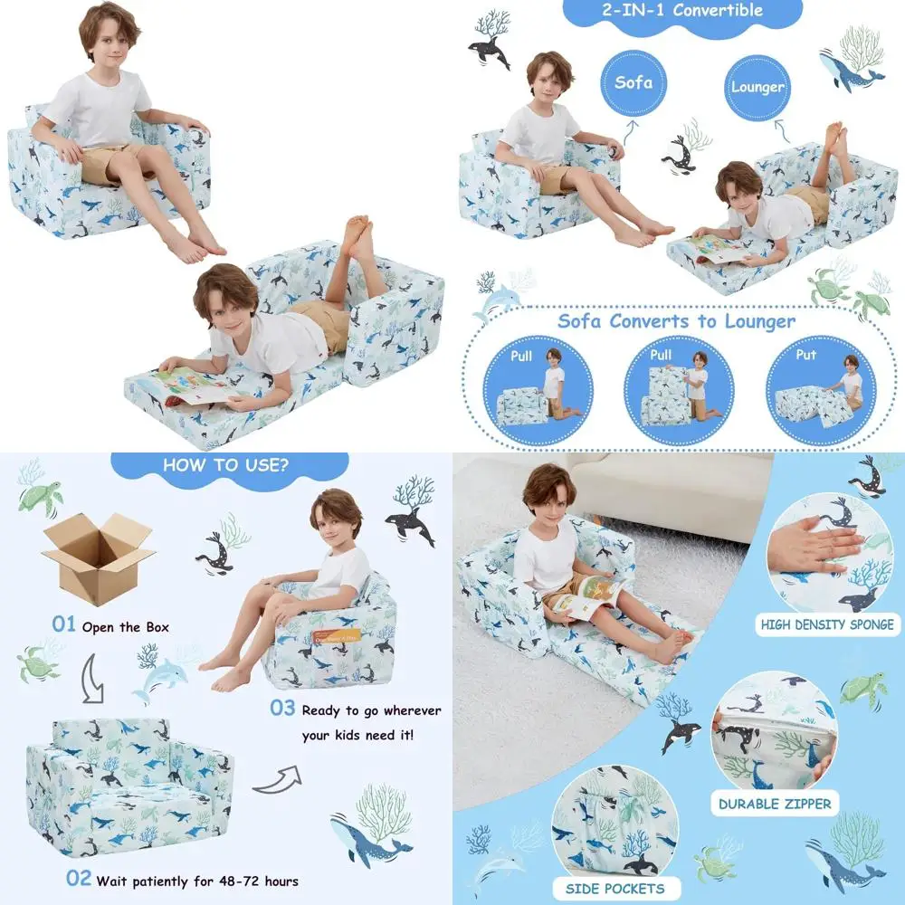 

Convertible 2-in-1 Toddler Couch Bed, Lounger for Kids, Comfortable Chair for Boys & Girls