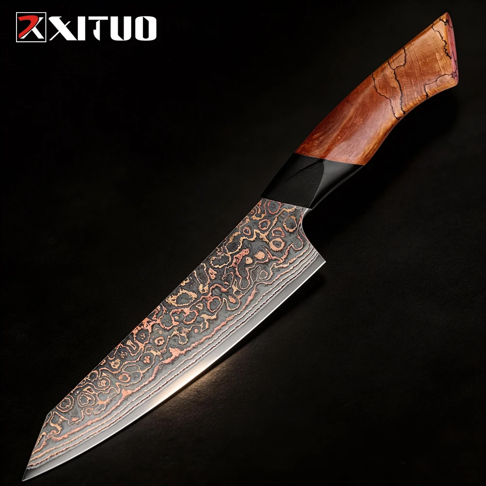 XITUO Top-quality Copper Damascus Steel Chef Knife 8 inch, Ultra Sharp Japanese Kitchen Chopping Knife with Wood and G10 Handle