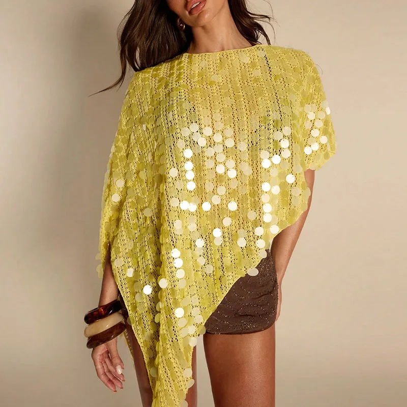 

Модная блестящая женская футболка с пайетками, асимметричная, с коротким рукавом, вязаная, летняя, пляжная, с круглым вырезом, свободного кроя, 2026, повседневная, женская блузка-топ