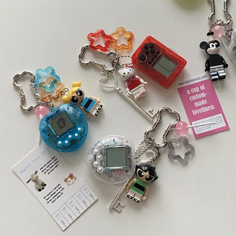 Creative Childhood Vintage Rainbow Game Console Bone Keychain Kawaii Harajuku Charm Crystal Heart Lock DIY Bag Pendant Keychain