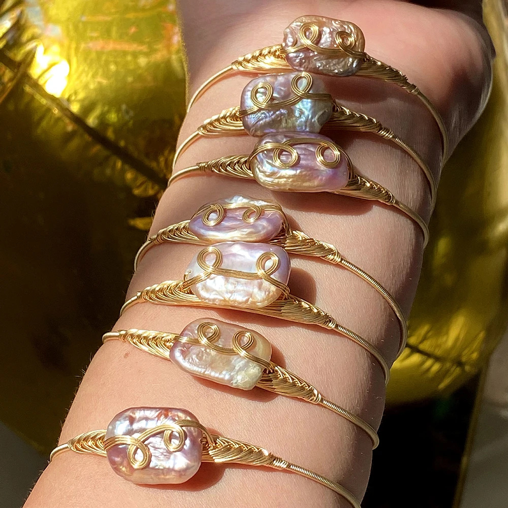

FTCY 1pc Irregular Baroque Pearl Bracelet for Women Rectangular Pinkish-Purple Adjustable Pearl Bracelet Jewelry Gifts
