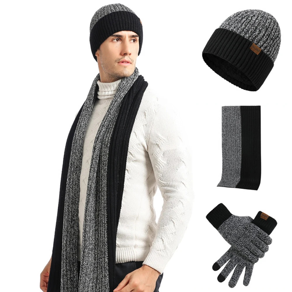 3pcs Wool Winter Hat Scarf Glove Sets for Men Women Beanies Hats Set Long Scarf Touch Screen Gloves