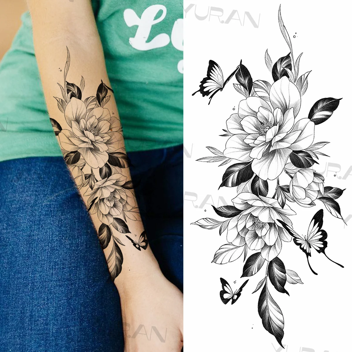 Large Rose Flower Waterproof Temporary Tattoos For Women Girls Snake Butterfly Fake Tattoo Sticker Forearm Tatoos Body Creative