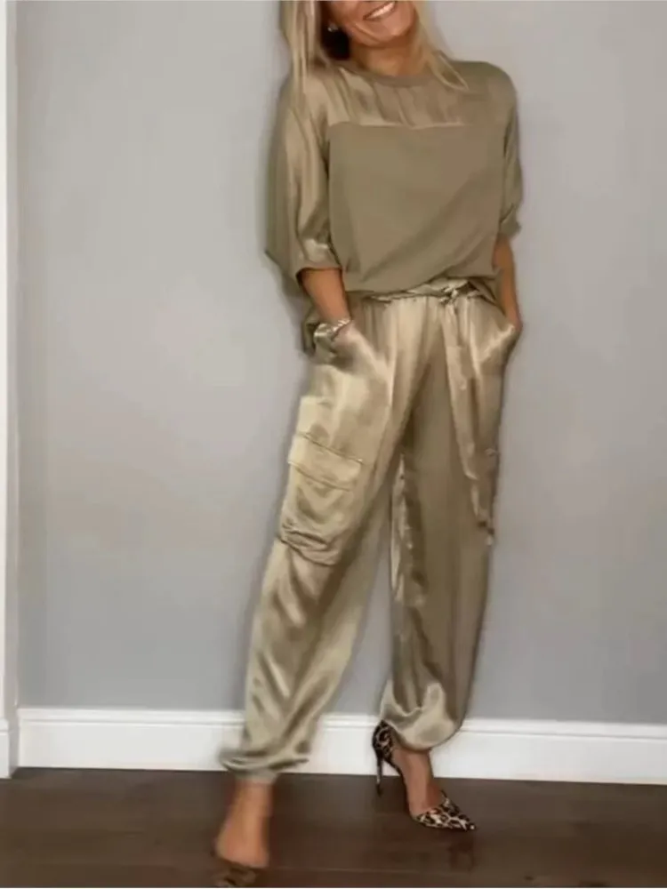 Fashion Solid Smooth Satin Two Piece Sets 2024 Spring Summer Women\'s O-neck Half Sleeved Top & Long Pants Casual Loose Outfits