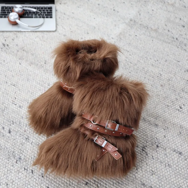 

New Design Snow Boots Fur shoes Pink GirlMid Calf Pink Boots Women Fluffy Warm Thick Soled Buckle Female Party Sweet Snow Boots