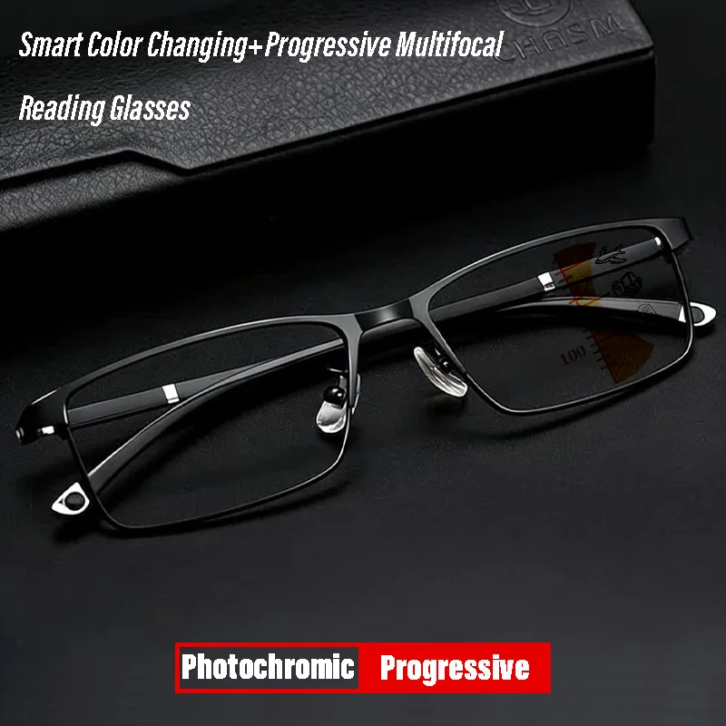Photochrome, progressive multifokale Lesebrille für Herren, Business-Vollrandbrille aus Metall, ultraflexible Bügel, Damenbrille
