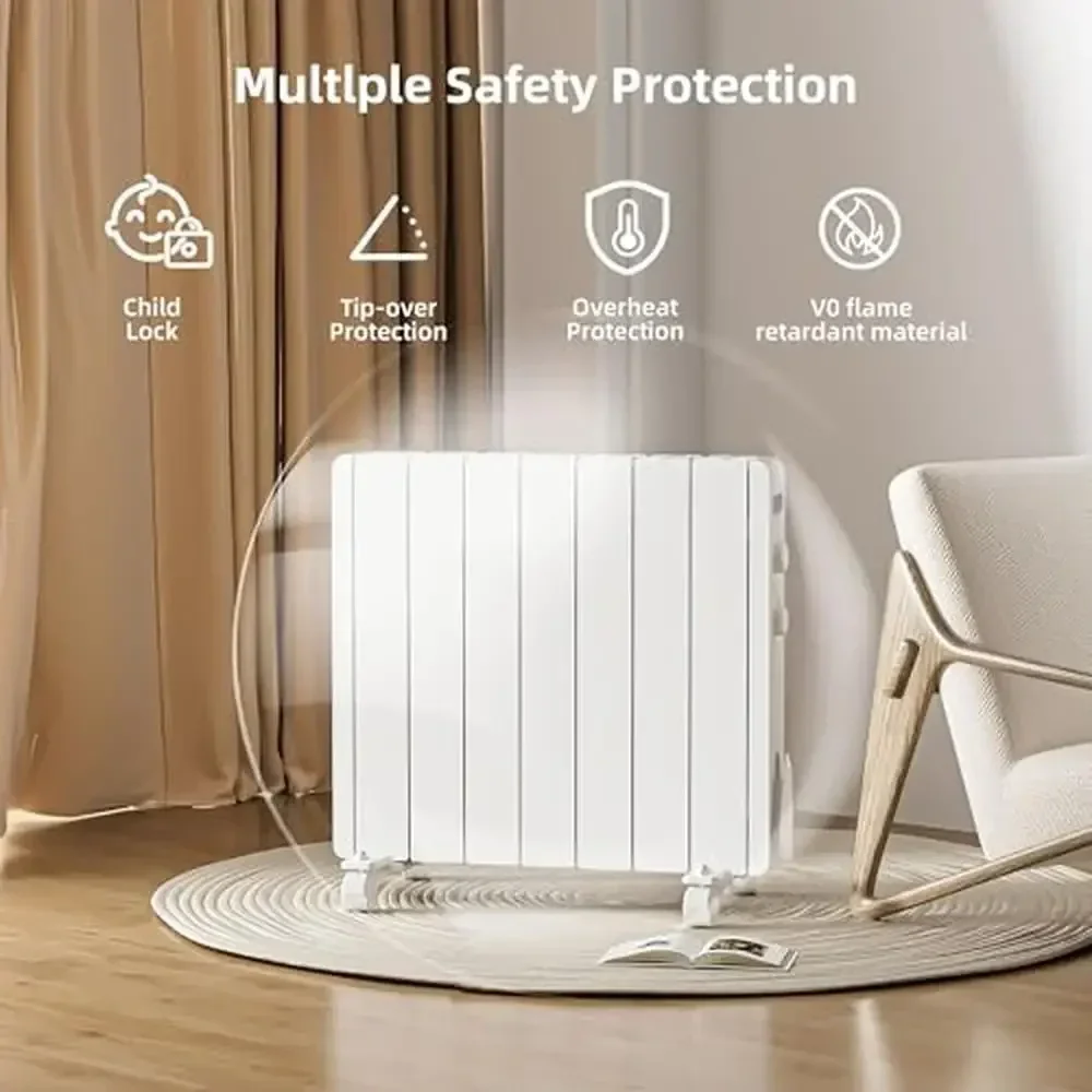 سخان لوحة كهربائي على الحائط/مبرد ألومنيوم قائم بذاته، شاشة LED، مؤقت ترموستات قابل للتعديل، حماية السلامة 1500 وات، أبيض