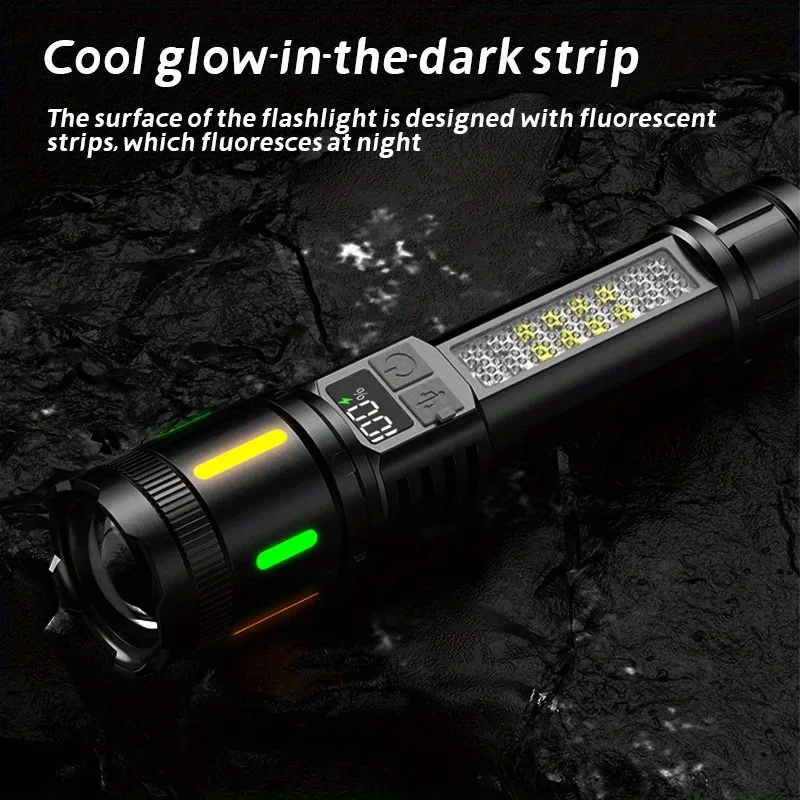 Most Powerful LED Flashlight Type-C USB Rechargeable Flashlights Zoomable Torch with Red/Blue Warning Lights Fluorescent Strip