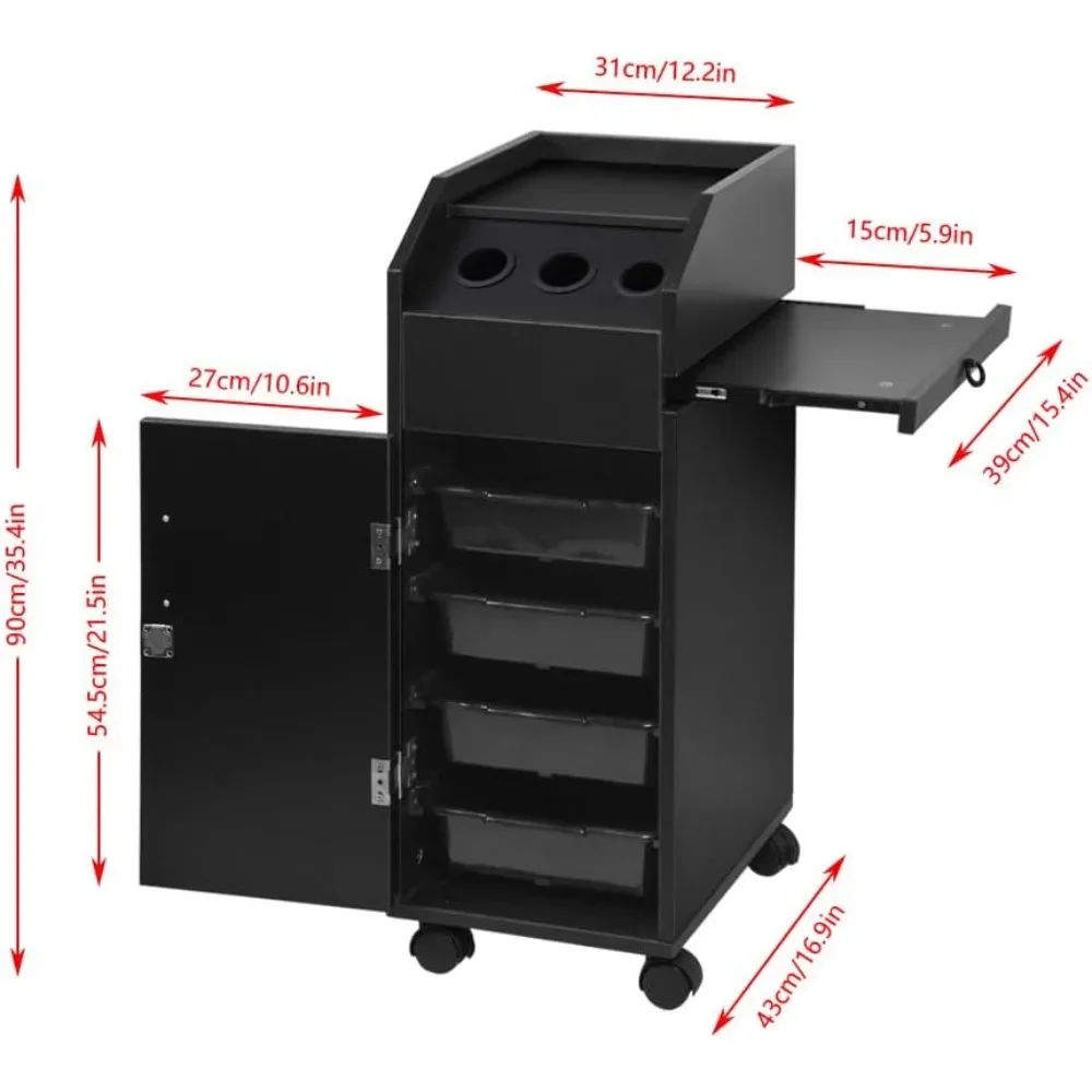 Salon Car with 4 Storage Drawers, 3 Hair Dryer Stand Devices, Space Saving Side Trays and Lockable Rollers, Hair Salon Car