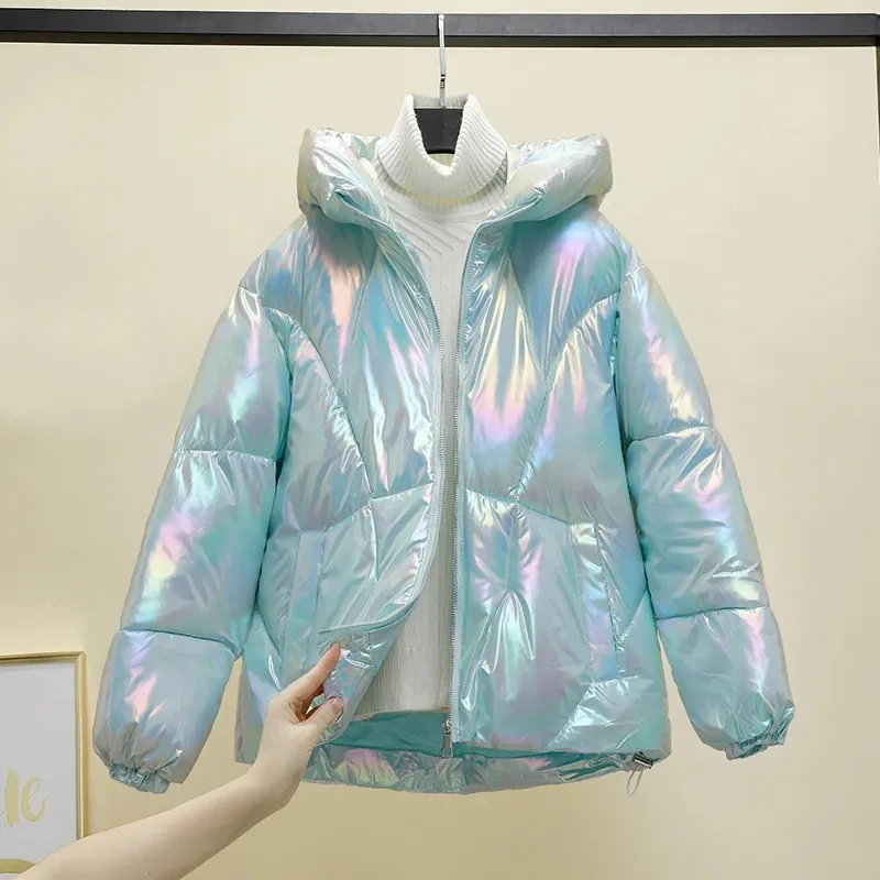 

2024 New Winter Jacket Parkas Women Glossy Down Cotton Jacket Hooded Parka Warm Female Cotton Padded Jacket Casual Outwear