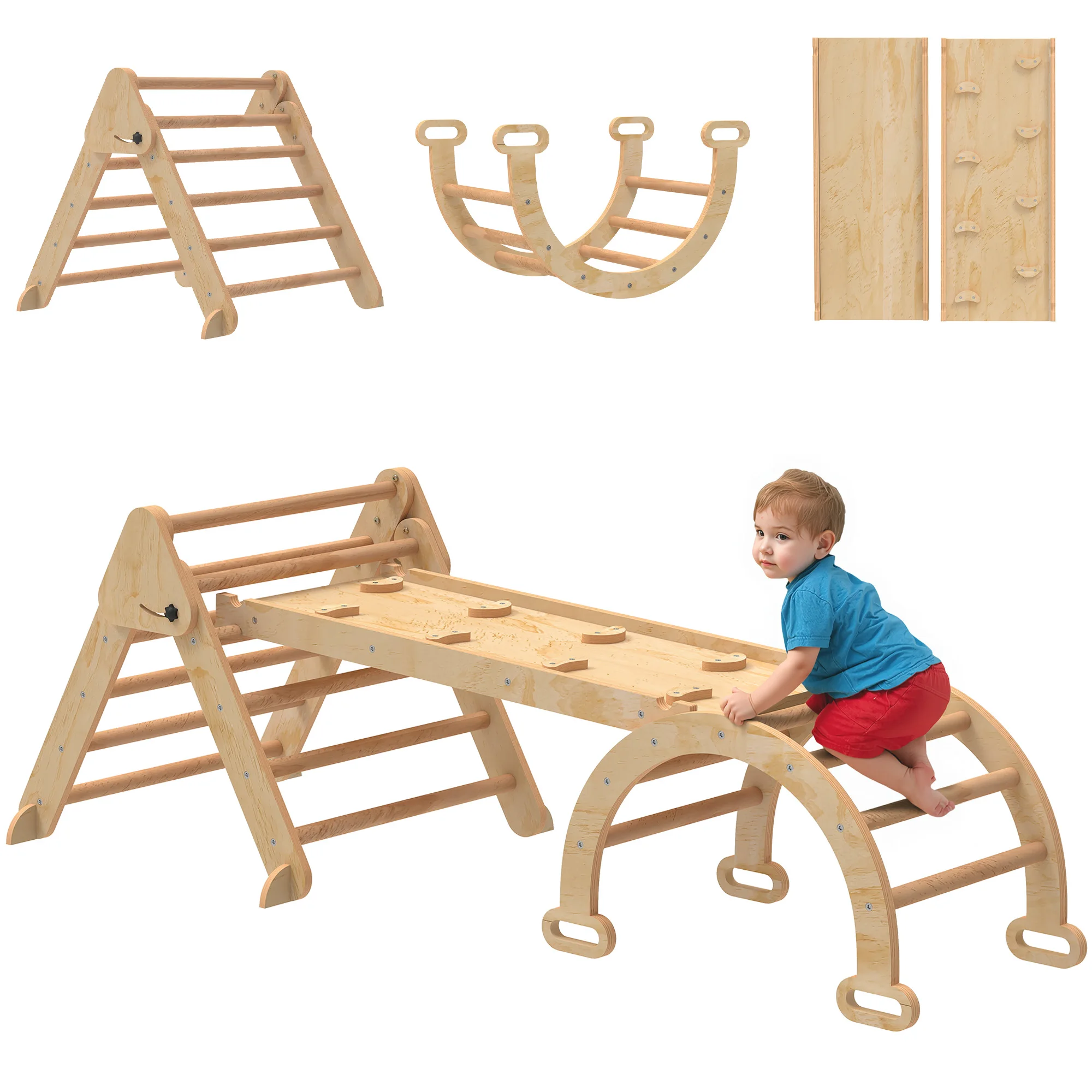 Aiyaplay 7-in-1 opvouwbare houten Montessori klimdriehoek met boog en helling voor kinderen van 18-48 maanden, 188x70 cm