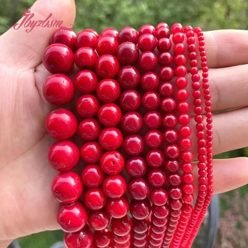 Free Shipping Natural Red Coral Smooth Round Stone Beads Loose For DIY Necklace Bracelets Jewelry Making Strand 35CM 2/3/4/6/8MM