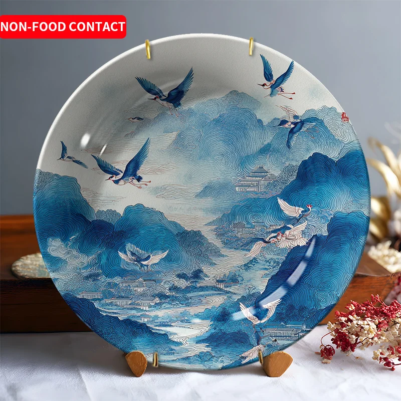 1pc Elegant Blue and White Ceramic Decorative Plate with Flying Birds Design - Ideal for Home, Living Room, Bedroom Wall or