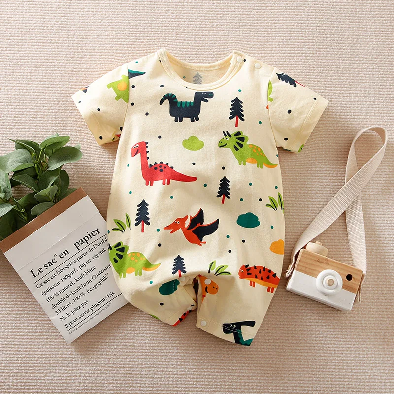 Summer Boys and Girls Cute Cartoon Dinosaur Suit Casual Short Sleeve Baby Round Neck Bodysuit