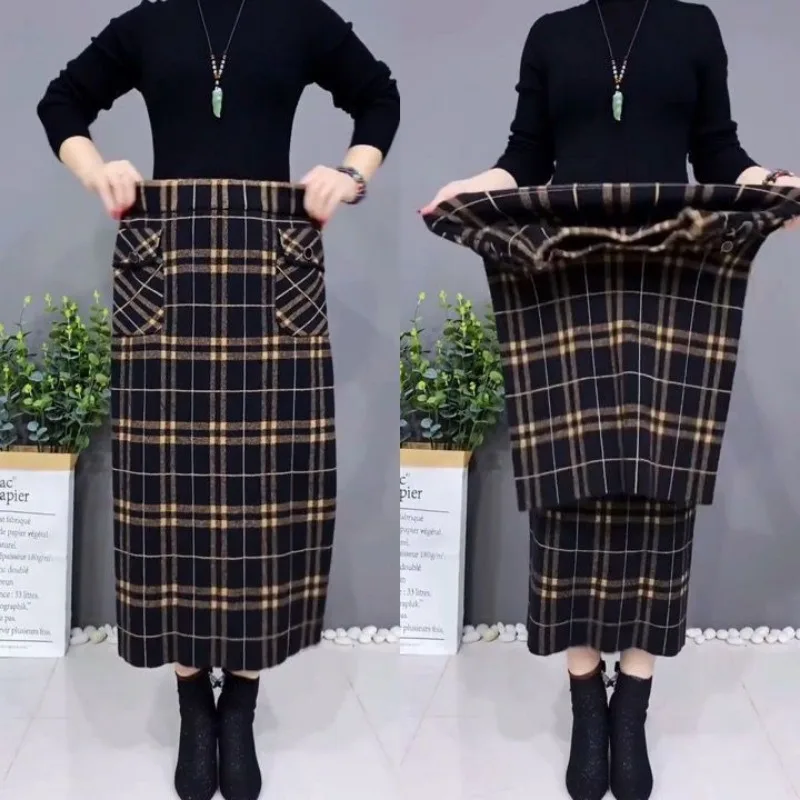 

Вязаная юбка из искусственной норки для женщин, осенне-зимняя новая клетчатая юбка, юбка средней длины с высокой талией
