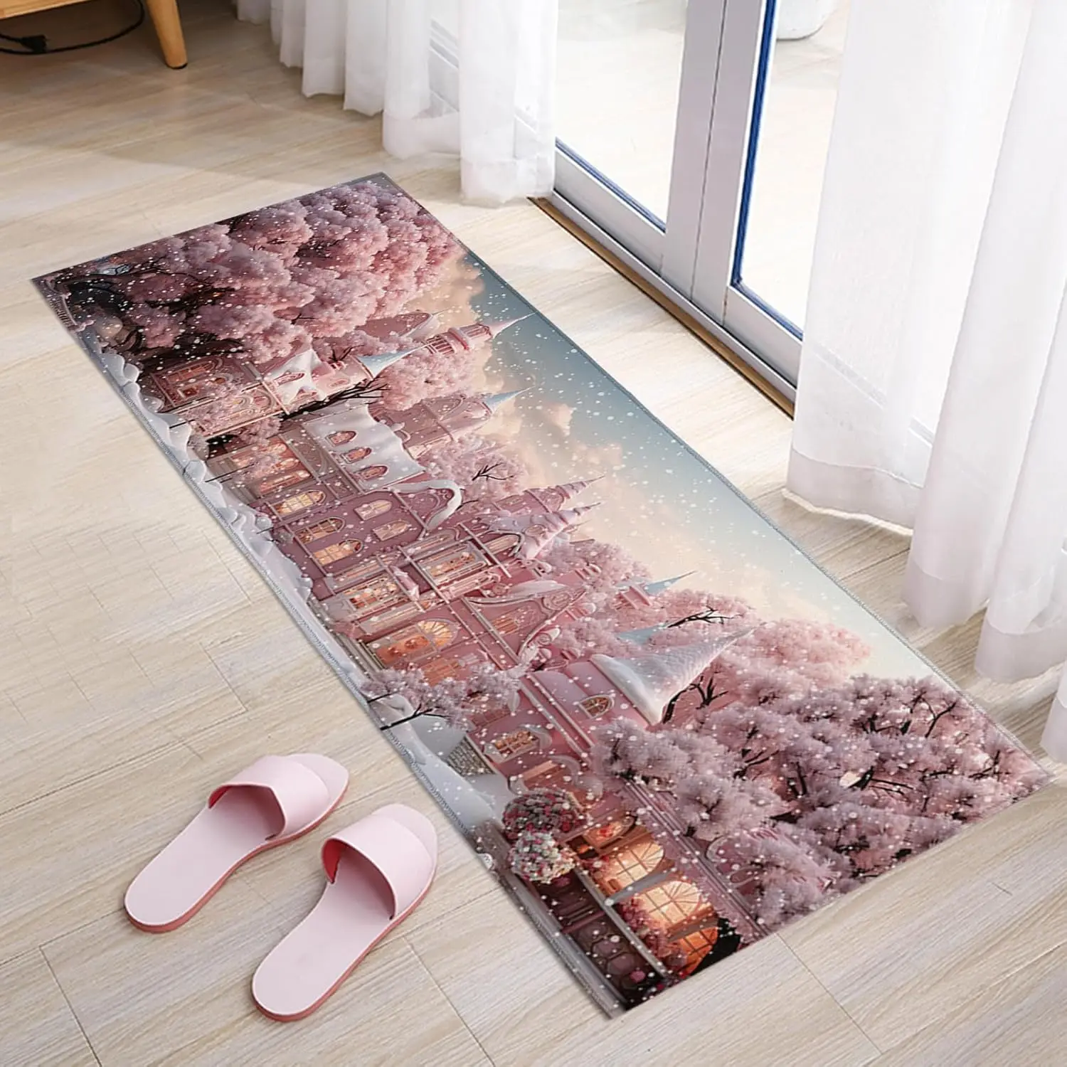 

Christmas Castle Tree Snowflake Pink Kitchen Mat Decor Winter Non-Slip Corridor Balcony Rugs Bedroom Bedside Floormat Foot Mat