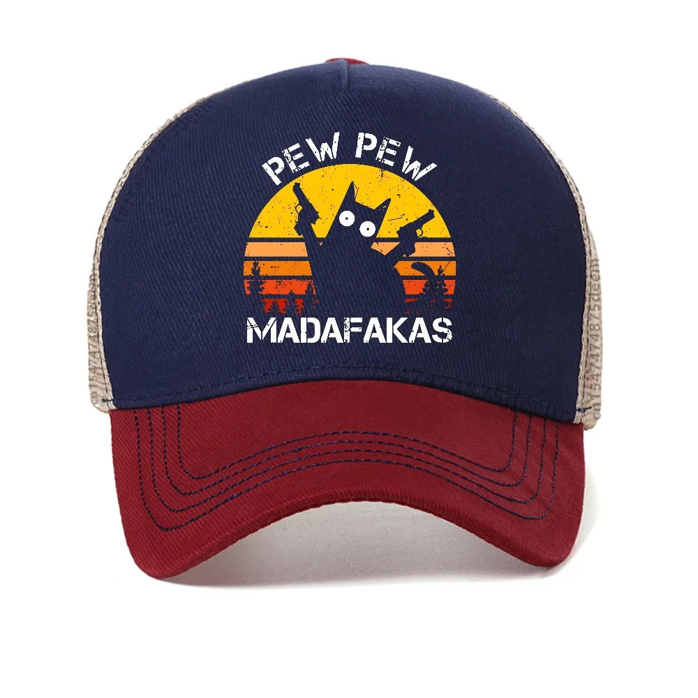 

Pew Pew Madafakas Cat with Two Guns funny baseball cap fashion Breathable sun hip hop hats unisex adjustable mesh Snapback hat
