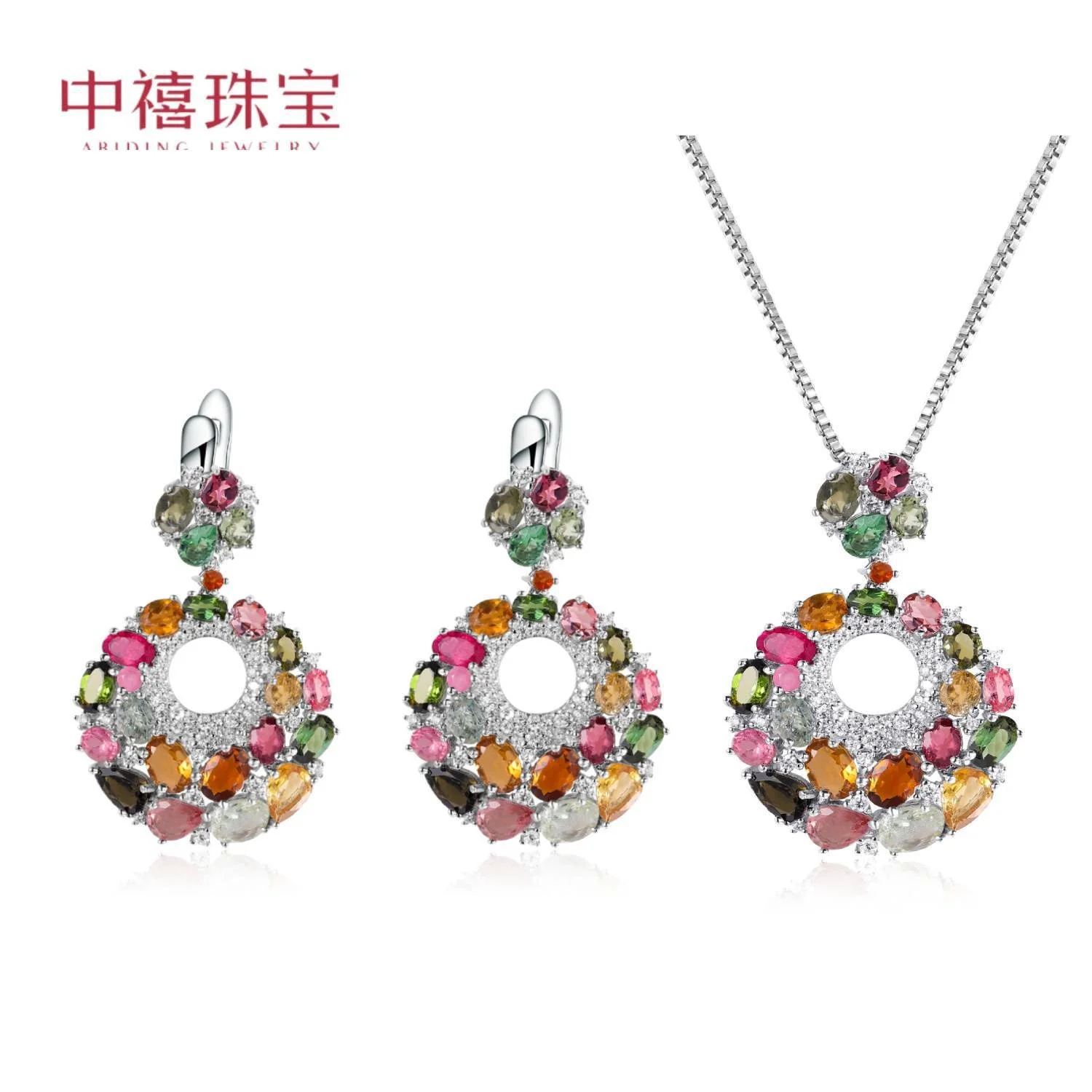 real brand genuine jewels New Unique Natural Tourmaline Earrings Necklace Sterling Silver Luxury Group with Colorful Pendant Jew