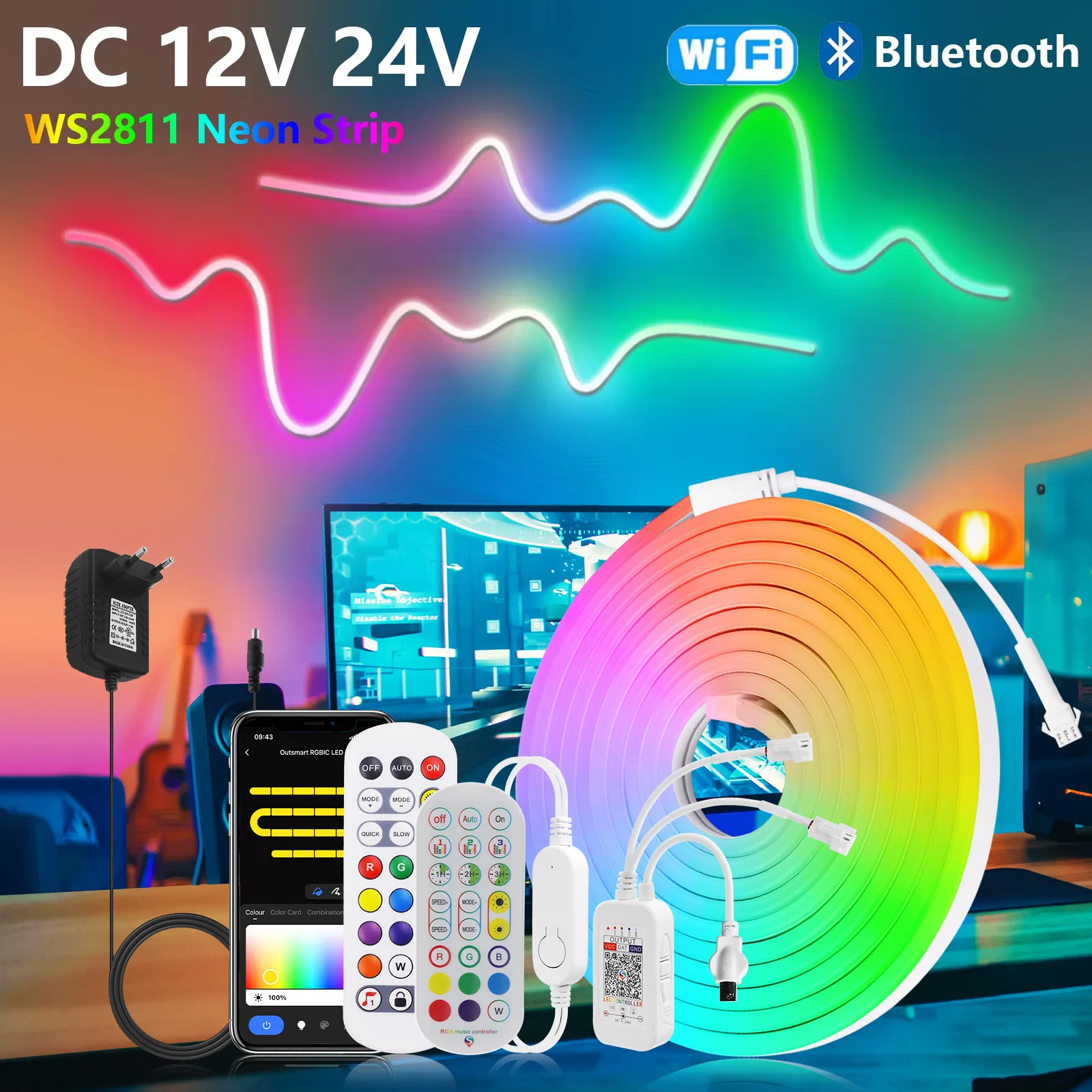 

12V 24V Tuya Wifi RGBIC Neon Strip Bluetooth APP 24 Keys Remote Control Addressable Waterproof Dream Color WS2811 LED Tape