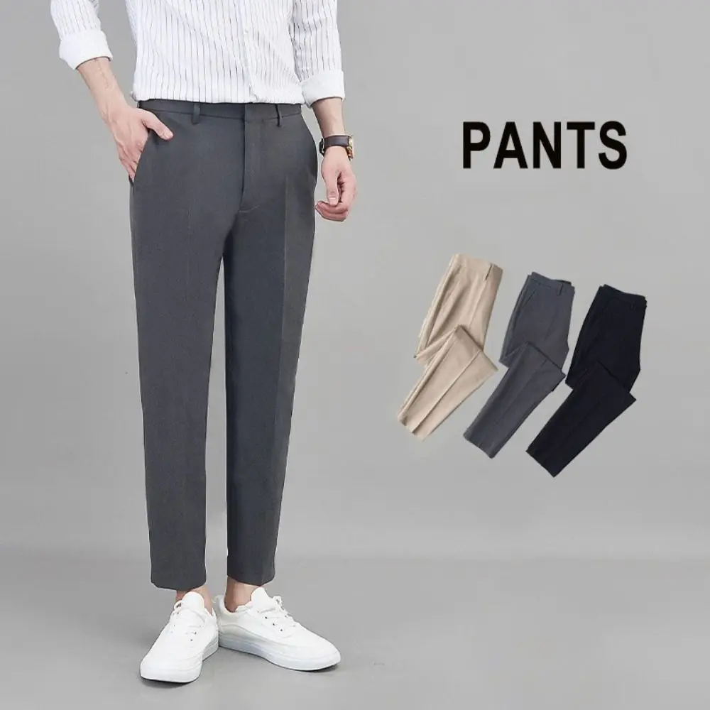

Cropped Pants Business Suit Pants Straight Solid Color Men's Formal Pants Casual Trousers Thin Classic Suit Pants Business