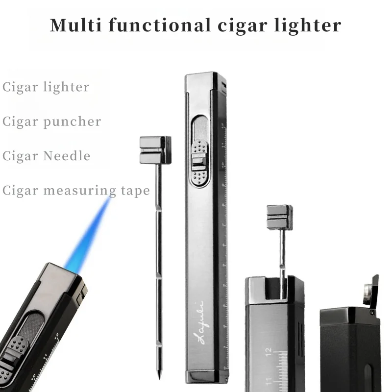 Metal Outdoor Rectangular Cigar Lighter With Measuring Scale Blue Single Torch Multifunctional Cigar Tool Gas Lighter Men's Gift