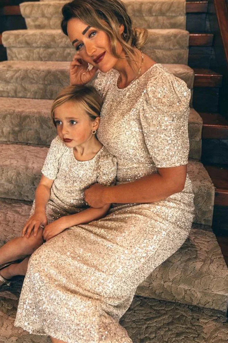 Sparkling Sequins Mother Daughter Party Dress Ankle Mommy and Me Birthday Wedding Nuptials Dress Zipper Back Photoshoot Gown